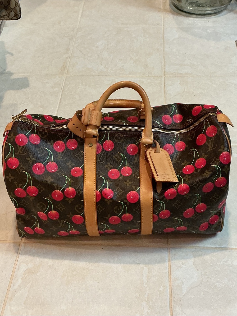 Louis Vuitton Brown Monogram Keepall with Red Cherry Print
